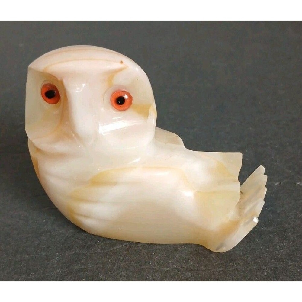 Vtg  Carved Marble Onyx Stone Owl Bird  Figurine Orange Eyes